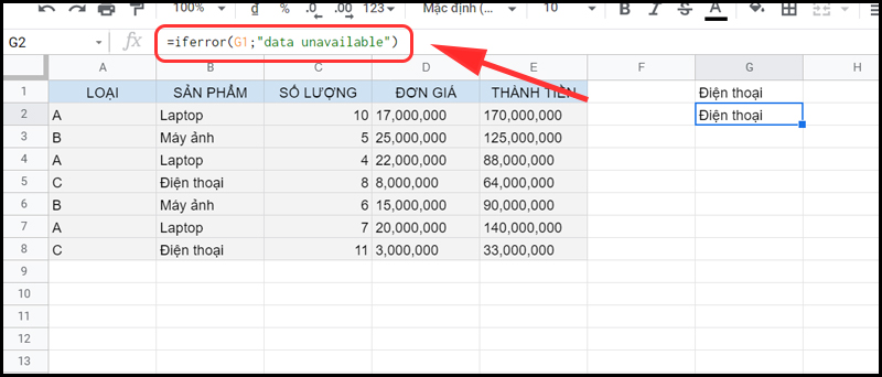 Công thức không có lỗi hàm IFERROR sẽ trả về kết quả của công thức