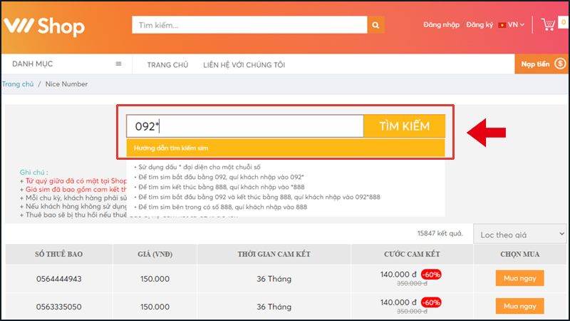 Nhập đầu số SIM mà bạn muốn tìm kiếm