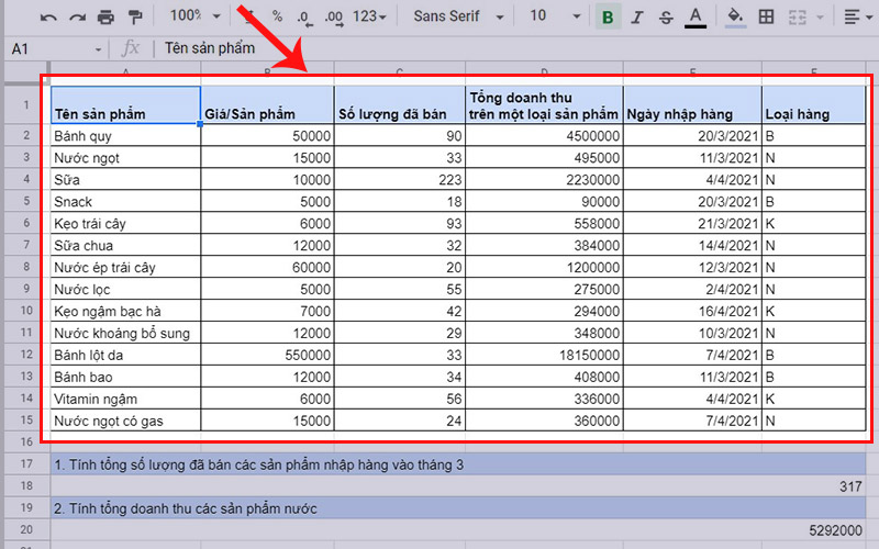 Bảng dữ liệu b&agrave;i tập mẫu