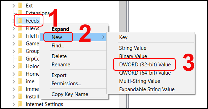 Chọn DWORD (32-bit) Value sau khi chọn New