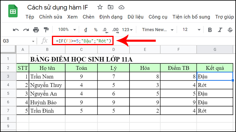 D&ugrave;ng h&agrave;m IF để điền trạng th&aacute;i đậu hoặc rớt cho từng học sinh