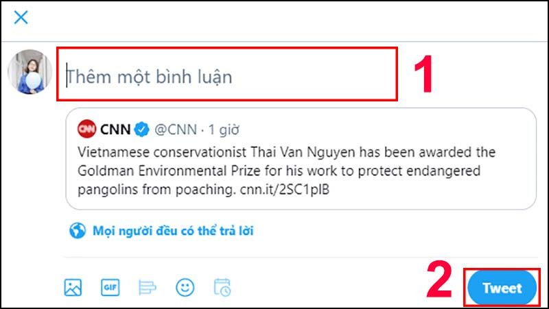  Điền bình luận vào bài đăng mới rồi nhấn Tweet