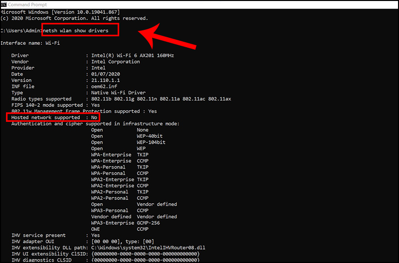  Nhập netsh wlan show drivers