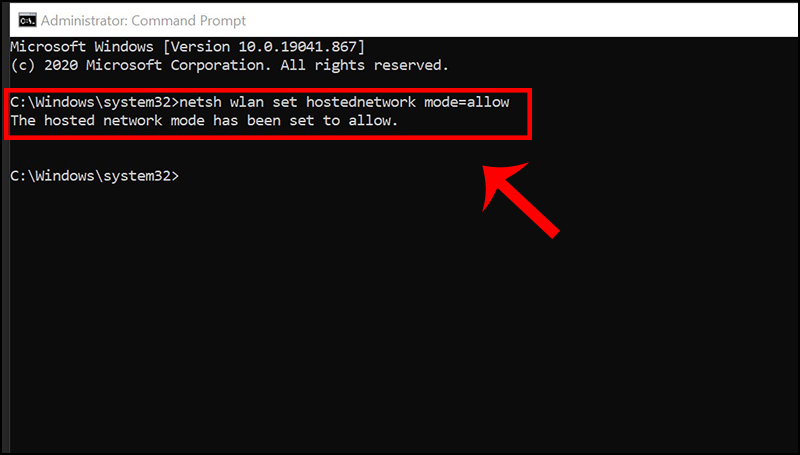 Nhập netsh wlan set hostednetwork mode=allow