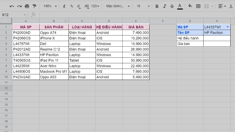 Bảng dữ liệu th&ocirc;ng tin sản phẩm