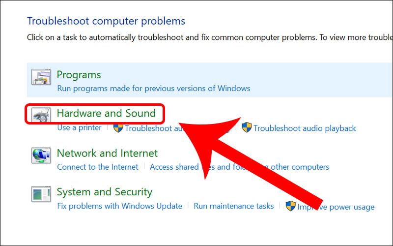 Chọn mục Hardware and Sound