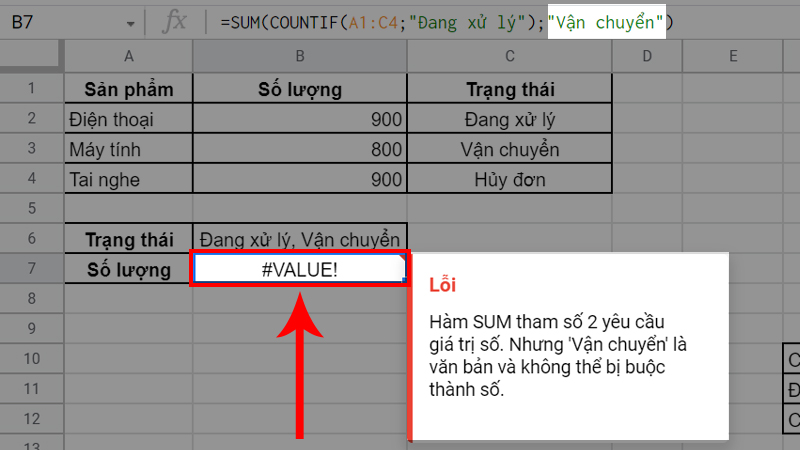 Lỗi #VALUE xuất hiện do 