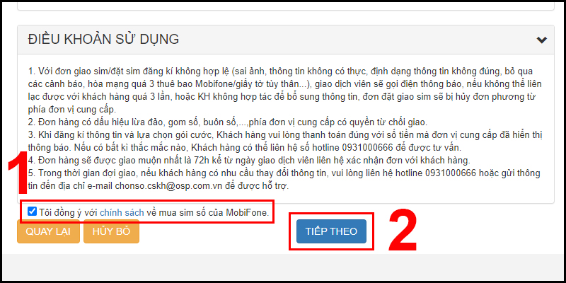 Tick vào "Tôi đồng ý với chính sách mua sim số của MobiFone"