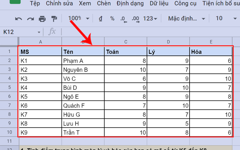 bảng dữ liệu b&agrave;i tập minh họa