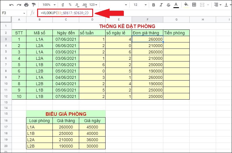 Dùng VLOOKUP điền đơn giá tháng vào bảng