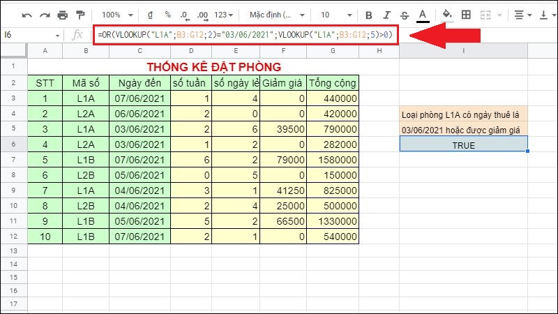 Kết hợp hàm OR và VLOOKUP so sánh giá trị ngày thuê và giảm giá