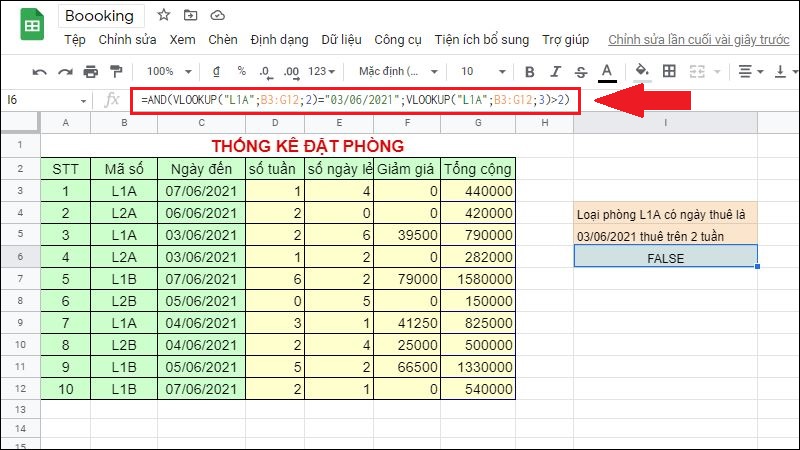 Kết hợp hàm AND và VLOOKUP so sánh giá trị ngày thuê và số tuần ở