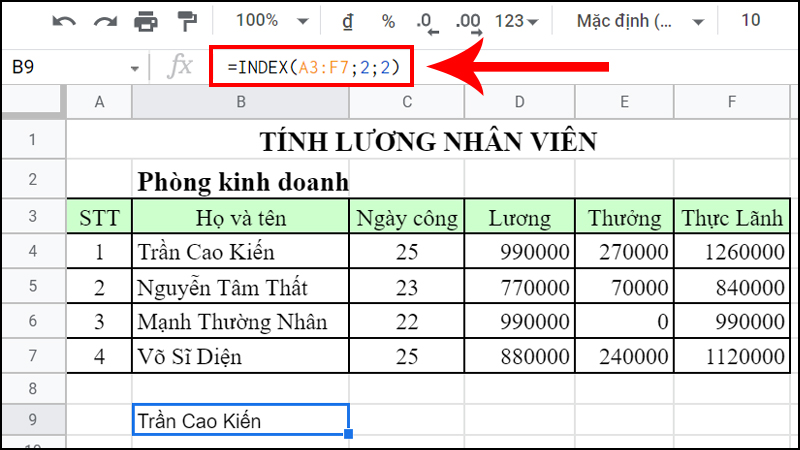 H&agrave;m INDEX lấy c&aacute;c gi&aacute; trị tại một &ocirc; n&agrave;o đ&oacute; giao giữa cột v&agrave; d&ograve;ng