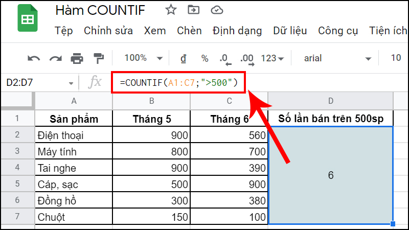 D&ugrave;ng h&agrave;m COUNTIF đếm số lần sản phẩm b&aacute;n ra đạt số lượng lớn hơn 500 sản phẩm