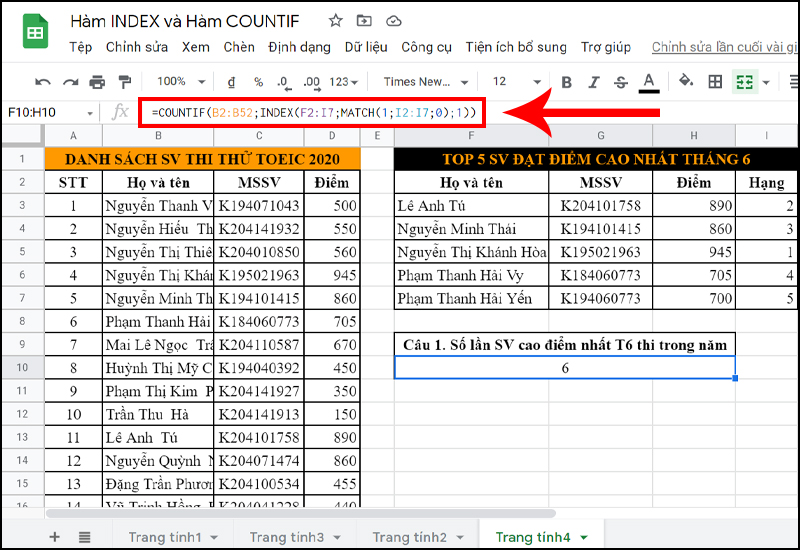 Số lần sinh vi&ecirc;n đạt điểm cao nhất của th&aacute;ng 6 đ&atilde; thi trong năm 2020