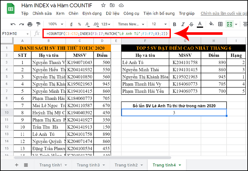 Số lần sinh vi&ecirc;n L&ecirc; Anh T&uacute; tham gia thi thử trong năm 2020