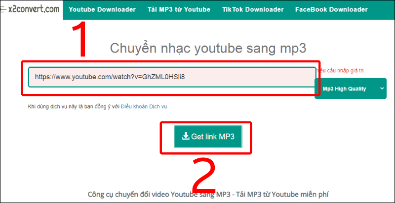 Dán link video bạn muốn chuyển đổi vào khung