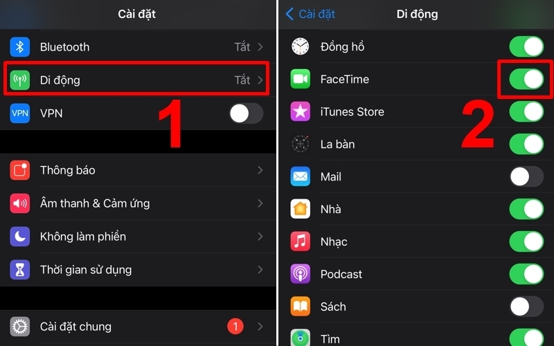 Bật dữ liệu di động cho FaceTime