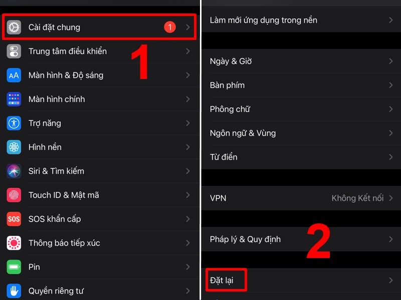 Chọn Đặt lại trong Cài đặt chung