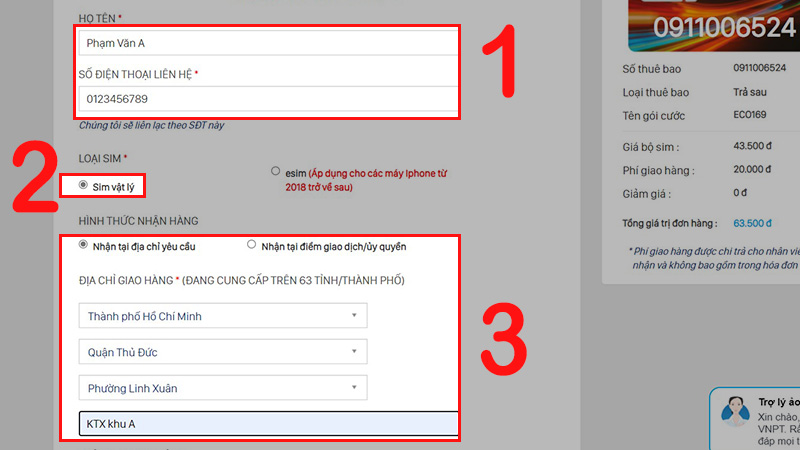 Điền một số thông tin về chủ sở hữu, chọn Sim vật lý, chọn hình thức và địa chỉ giao hàng