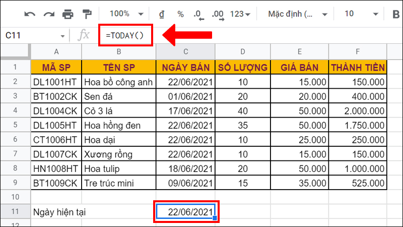 V&iacute; dụ minh họa h&agrave;m TODAY