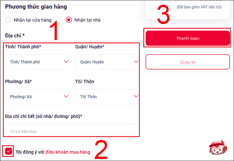 Nhập thông tin Địa chỉ giao hàng nếu bạn muốn nhận SIM tại nhà