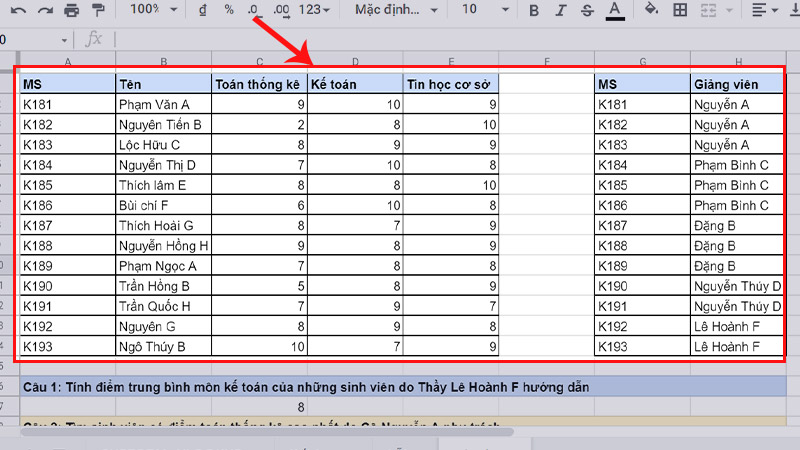 Bảng dữ liệu b&agrave;i tập mẫu