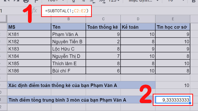 V&iacute; dụ minh họa h&agrave;m SUBTOTAL
