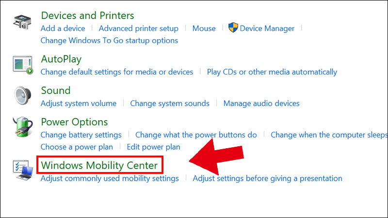 Chọn Windows Mobility Center
