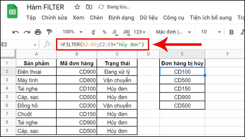 Lọc những mã đơn hàng bị hủy