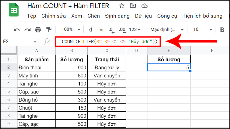 Đếm số đơn hàng bị hủy