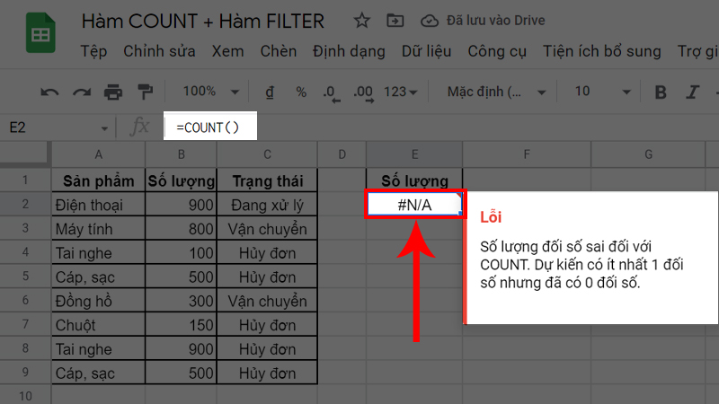 Do không nhập hàm FILTER dẫn đến lỗi #NA