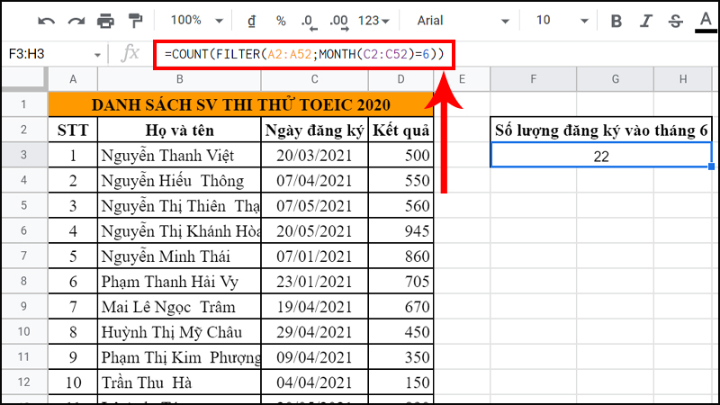 Số lượng sinh viên đăng ký thi trong tháng 6