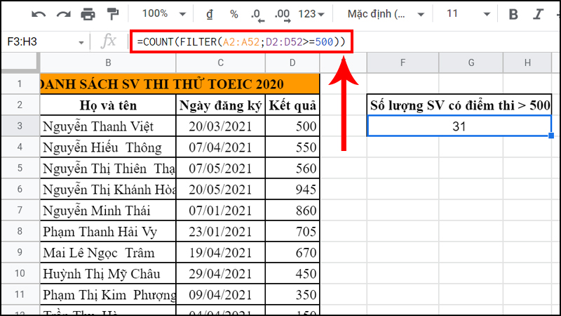 Danh sách những sinh viên có kết quả lớn hơn 500 điểm