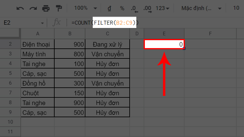 Nhập không đúng dải ô đếm kết quả đếm bằng 0