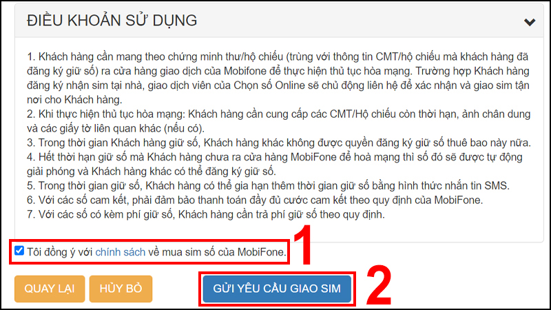 Tick chọn mục Tôi đồng ý với chính sách mua SIM của MobiFone và nhấn GỬI YÊU CẦU GIAO SIM