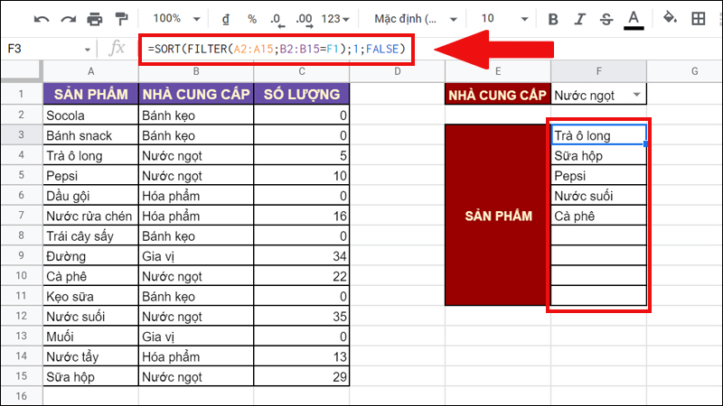 Kết hợp h&agrave;m SORT v&agrave; h&agrave;m FILTER