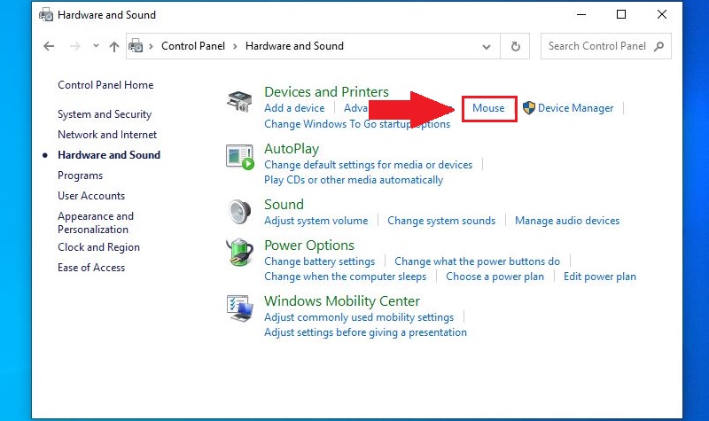 Chọn mục Mouse ở Devices and Printers