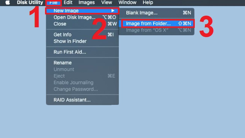 Mở Disk Utility và chọn File rồi chọn Image from Folder trong New Image