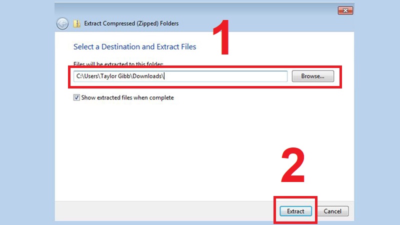 Chọn thư mục lưu tập tin sau khi giải nén và chọn Extract