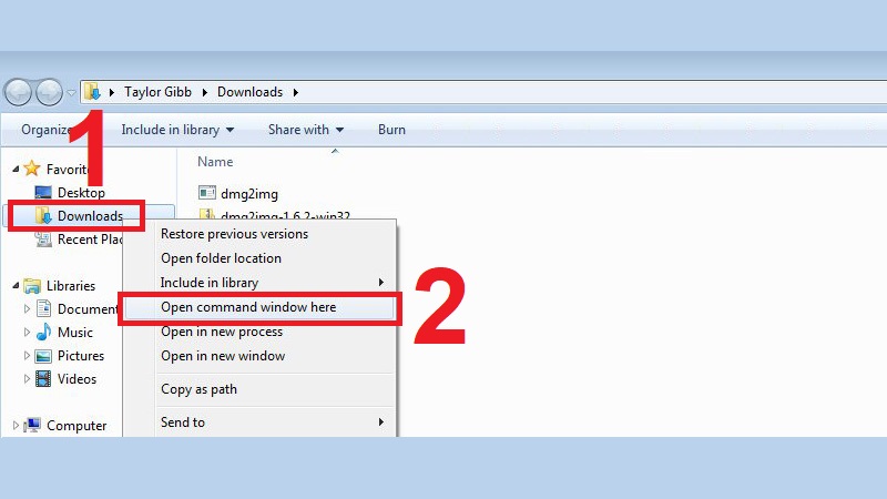 Nhân phím Shift + Kích chuột phải vào Downloads và chọn Open command window here.