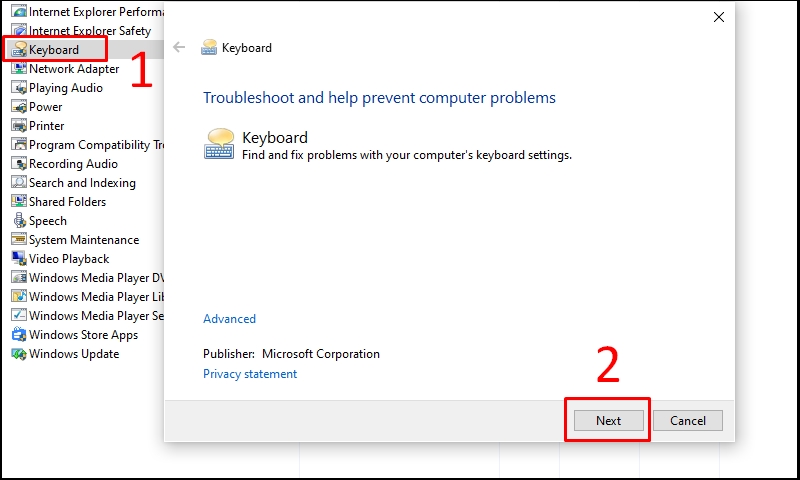 Chọn Keyboard và nhấn Next để máy tính chạy các chẩn đoán