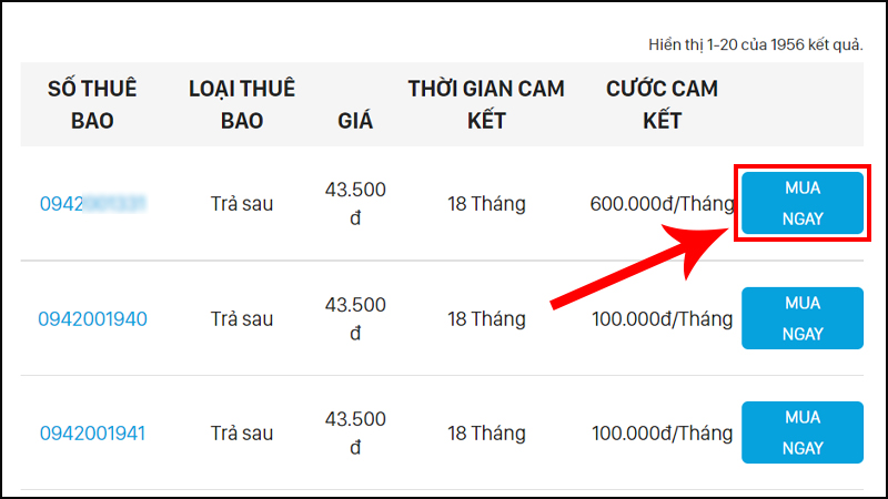 Chọn số ưng ý nhất và nhấn MUA NGAY để đặt hàng