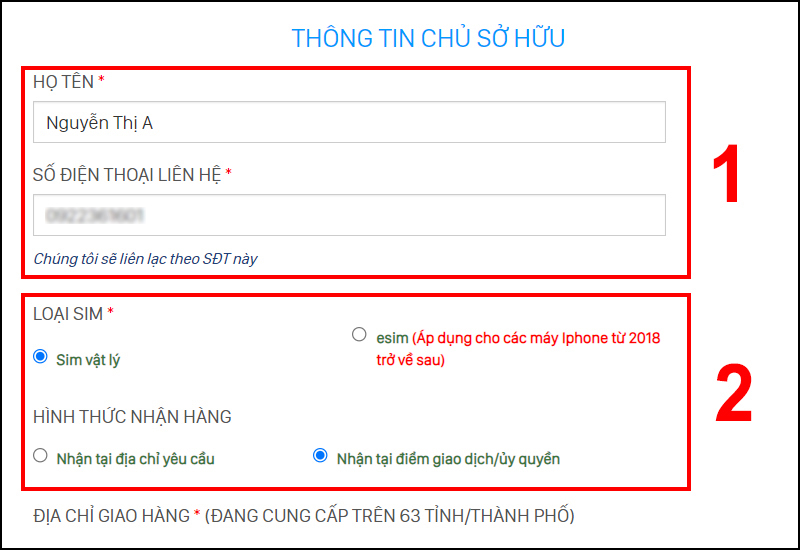 Nhập họ tên, số điện thoại người mua, loại SIM và hình thức nhận hàng