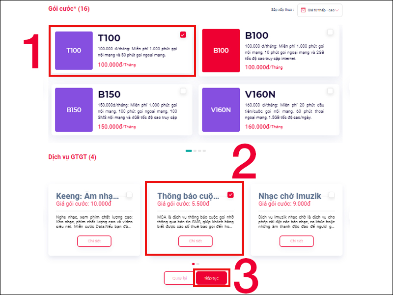 Chọn gói cước và dịch vụ GTGT