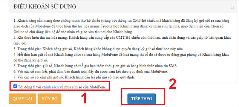 Tích vào Tôi đồng ý với chính sách về mua sim số của MobiFone
