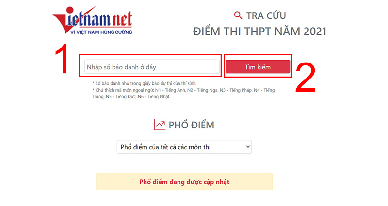 Tìm kiếm điểm thi theo số báo danh