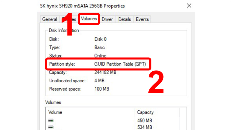 Kiểm tra GPT hoặc MBR trong tab Volumes