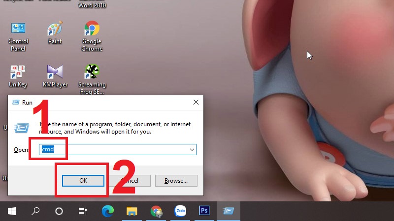 Nhấn tổ hợp phím Windows + R và Gõ ‘cmd’ rồi nhấn OK
