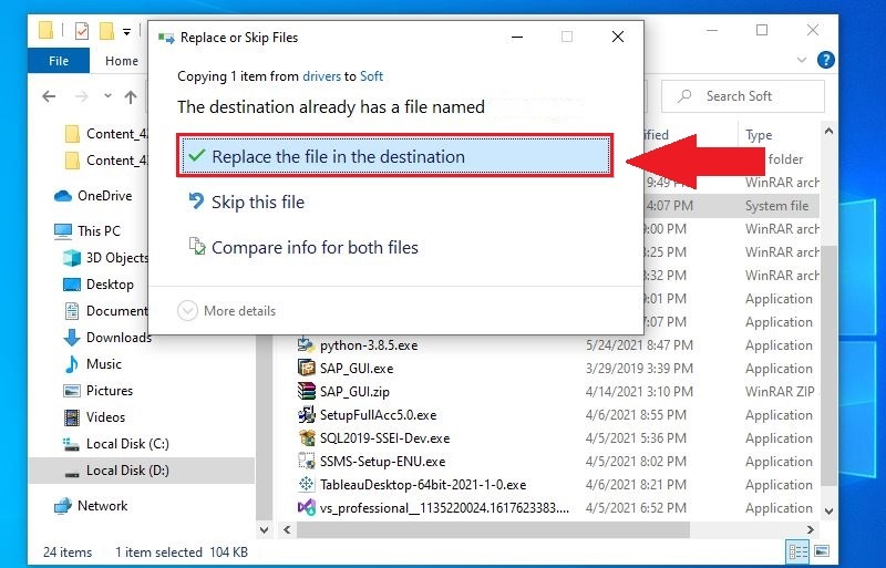 Chọn Replace the file in the destination để dán đè file